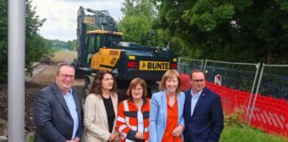 Gemeinsamer Spatenstich (v.l.): Oliver Krischer. Züleyha Demir, Petra Beckefeld, Karin Welge und Thomas Kufen. Foto: Straßen NRW