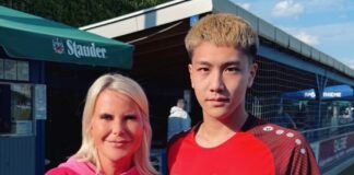 Die Zweite Vorsitzende Michaela Massenberg und Innenverteidiger Takamasa Kaneko. Foto: 1. FC Wülfrath