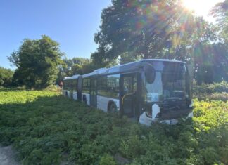Der Bus kam auf einem Feld zum Stehen. Foto: FW Ratingen