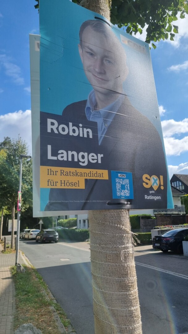 KW20_RAT_Robin Langer Wahlplakat der CDU auf dem der QR Code zur Nutzung der digitalen Karte aufgebracht wurde, Bild: Robin Langer