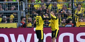 Serhou Guirassy bejubelt mit Sturmpartner Maximilian Beier seine Führung. 