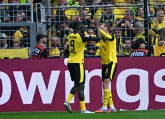 Serhou Guirassy bejubelt mit Sturmpartner Maximilian Beier seine Führung. 
