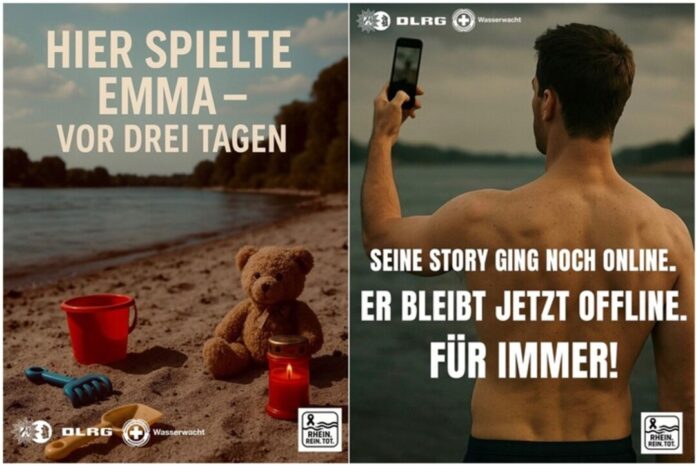 Mit Schock-Bildern sollen Menschen vom Baden im Rhein abgehalten werden. 