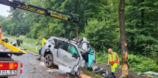 Nur noch Trümmer sind von einem Auto übrig, das am frühen Morgen südlich von Aachen gegen einen Baum geprallt ist.