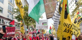 Die Demonstranten wollen auf die Situation der Palästinenser aufmerksam machen.