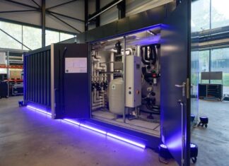 In der Anlage von der Größe eines kleinen Containers sind eine Luftwärmepumpe sowie alle wichtigen Teile für die Heizanlage installiert.