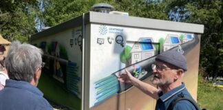 Wolfgang Sendermann (KunsTHaus Erkrath) informiert über eines der ersten Graffitis auf einem Trafo in der Nähe des Bürgerhauses. Foto: Grüne Erkrath