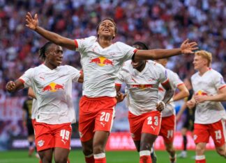  Assan Ouedraogo (M, RB Leipzig) bejubelt bei seinem Startelf-Debüt auch sein Tor-Debüt im RB-Trikot.