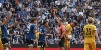 Umstrittener Platzverweis: Bielefelds Christopher Lannert sieht bei der 1:2-Niederlage gegen Dynamo Dresden die Rote Karte.