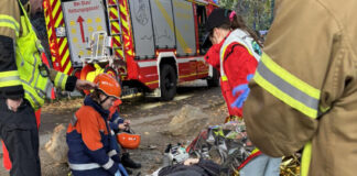 Wülfrather Jugendfeuerwehr im 24-Stunden-Übungsdienst Erstversorgung einer verunfallten Person durch Angehörige des Jugendrotkreuzes und der Jugendfeuerwehr unter kritischer Beobachtung durch die Ausbilder. Foto: FW Wülfrath