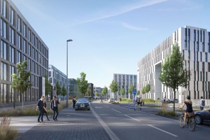 Im zweiten Bauabschnitt der Airport City lassen sich vielfältige Ideen realisieren. (Visualisierung: moka-studio)