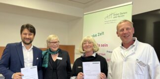 “Grüne Damen” sind seit 35 Jahren für andere da Stolz auf 35 Jahre ehrenamtliches Engagement in der Fachklinik 360° (v. l. n. r.): Svetlin Tontchev (Geschäftsführer Fachklinik 360°), Elke Grothe-Kühn (Bundesvorsitzende eKH), Bärbel Bosenius (Leiterin Grüne Damen Ratingen) und Dr. Matthias Echterhoff (Ärztlicher Direktor Fachklinik 360°). Foto: Med 360°