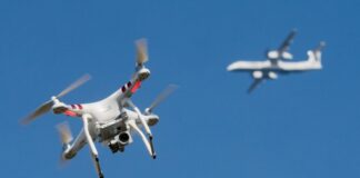 Eine private Drohne fliegt in weiter Entfernung von einem Flugzeug, das im Anflug auf den Flughafen Düsseldorf ist. (Symbolbild)
