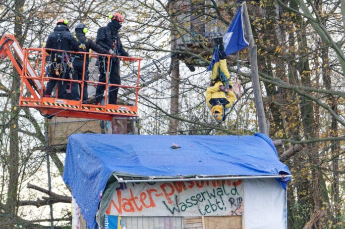 Polizei räumt besetztes Waldstück am Tagebau Hambach Mit einer Hebebühne nähern sich Polizisten einem Aktivisten, der kopfüber in einem Baum hängt.