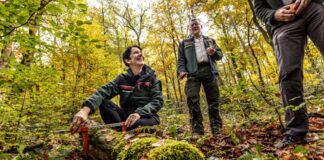 Silke Gorißen (CDU), Landwirtschaftsministerin von Nordrhein-Westfalen, macht sich ein Bild von den Inventur-Arbeiten im Wald. (Archivbild)