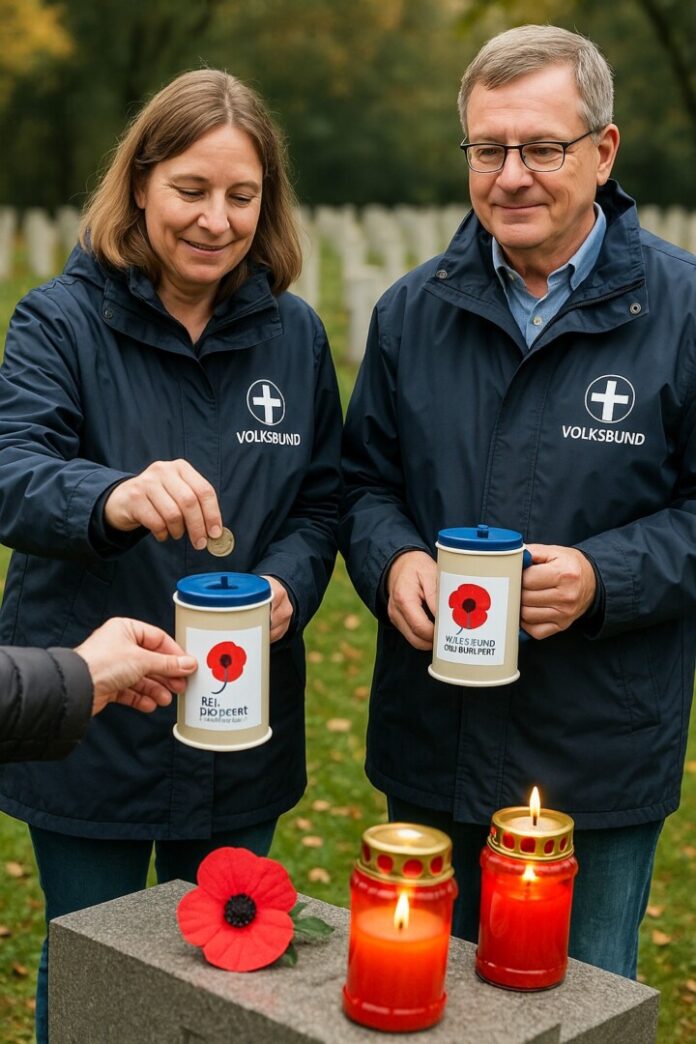 Ehrenamtliche Sammlerinnen und Sammler des Volksbundes Deutsche Kriegsgräberfürsorge bitten an den Friedhöfen um Spenden für die Erhaltung von Kriegsgräberstätten im In- und Ausland. Copyright-Hinweis: Symbolfoto: KI-generiert / ChatGPT (DALL·E)