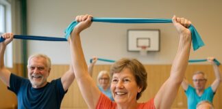 Teilnehmerinnen und Teilnehmer eines Rehasportkurses trainieren mit Therabändern in einer Sporthalle – motiviert, gesundheitsorientiert, gemeinschaftlich.