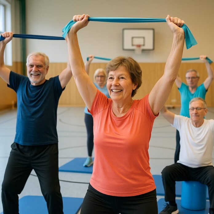 Rehasport mit Therabändern Teilnehmerinnen und Teilnehmer eines Rehasportkurses trainieren mit Therabändern in einer Sporthalle – motiviert, gesundheitsorientiert, gemeinschaftlich.