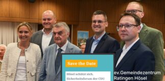 Landrätin Bettina Warnecke, Peter Thomas, CDU Ratingen, Innenminister NRW Herbert Reul. Bürgermeister Patrick Anders, Lars Bammann CDU-West und Jan Heinisch MdL (verdeckt) bei einer ähnlichen Veranstaltung in Ratingen West, Bild: Alexander Heinz