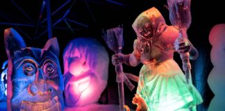 Hexen und Masken aus der schwäbisch-alemannischen Fastnacht sind in der Eisskulpturen-Ausstellung zu sehen.