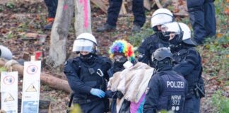 Die Polizei räumt ein letztes von Aktivisten besetztes Areal am Braunkohletagebau Hambach.
