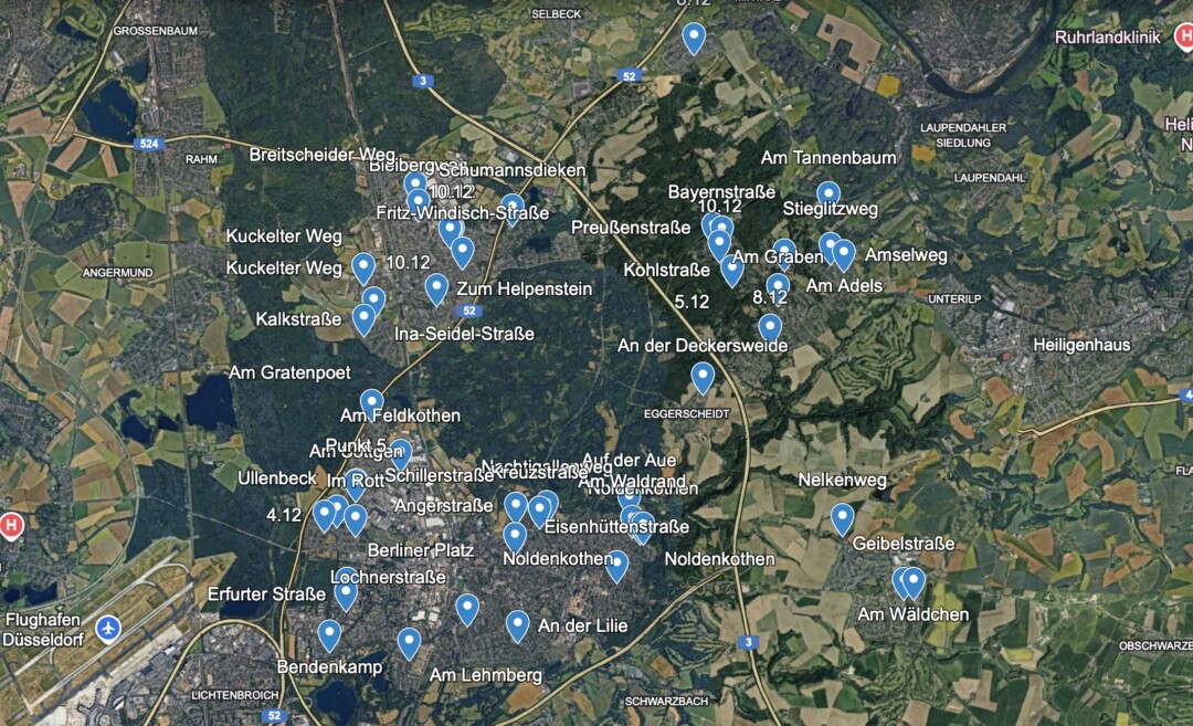 Die Einbruchszahlen in Ratingen sind hoch - hier allein die Taten aus dem Zeitraum zwischen Anfang November und Mitte Dezember. Bild: Google Maps/Super Tipp