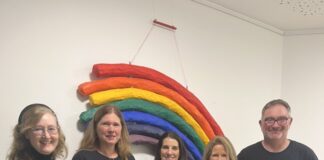 Spendenübergabe Regenbogenland: Andrea Baade, Stefanie Zielke, Nadine Spitaler (Förderverein Kinder- und Jugendhospiz Regenbogenland e. V.), Britta Ludwig, Holger Rennett  Foto: Ratinger Rampenlichter e. V. 