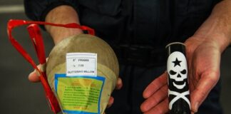 Ein Polizeibeamter vom Landeskriminalamt Mainz hält zwei illegale Feuerwerkskörper, eine Kugelbombe und einen Böller mit Totenkopf, in seinen Händen. Illegale Feuerwerkskörper sind häufig mit wesentlich höheren Sprengstoffmengen gefüllt und können schwere oder sogar tödliche Verletzungen verursachen. Foto: Andreas Arnold/dpa / Weiterer Text über ots und www.presseportal.de/nr/129041 / Die Verwendung dieses Bildes für redaktionelle Zwecke ist unter Beachtung aller mitgeteilten Nutzungsbedingungen zulässig und dann auch honorarfrei. Veröffentlichung ausschließlich mit Bildrechte-Hinweis. picture alliance / Andreas Arnold/dpa Fotograf:Andreas Arnold