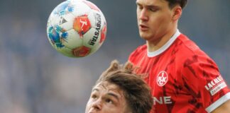 Nullnummer in Bielefeld – FCK bleibt auswärts schwach Bielefelds Maximilian Großer im Kopfballduell mit Florian Kleinhansl.