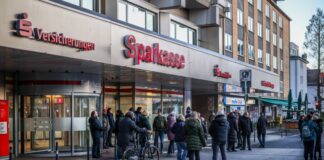 Nach Tresor-Einbruch – Menschen warten vor Bankfiliale Nach einem Einbruch in den Tresorraum einer Bankfiliale in Gelsenkirchen warten Menschen vor dem Eingang auf Informationen.