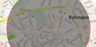 Räumung möglich: Blindgänger in der Ratinger City? Sollte es zu einer Räumung kommen, ist wahrscheinlich der Bereich in einem Radius von 300 bis 600 Meter rund um den Fundort an der Angerstraße betroffen. Bild: Stadt Ratingen