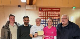 Velberts SPD unterstützt Benefizturnier zugunsten von Tina Jendrolik Kevin Rahn (politischer Fraktionsgeschäftsführer), Shamail Arshad (SPD-Fraktionsvorsitzender), Vertreterinnen des Heimatvereins TS Struck von Tina Jendrolik und Andreas Kurpitz (Fraktionsmitglied) bei der Übergabe im EMKA Sportzentrum Velbert. Foto: SPD Velbert