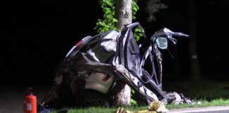 Durch einen Unfall hat sich das Auto mit einem Baum verkeilt.