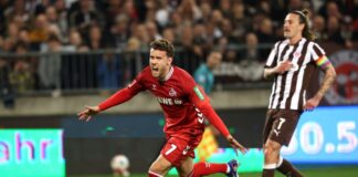 Später Elfmeter: Köln rettet Remis bei St. Pauli Luca Waldschmid (l, 1. FC Köln) jubelt nach dem Ausgleichstreffer.