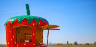Ein mobiler Verkaufsstand in der Form einer Erdbeere steht am Rande eines Parkplatzes in Dortmund.