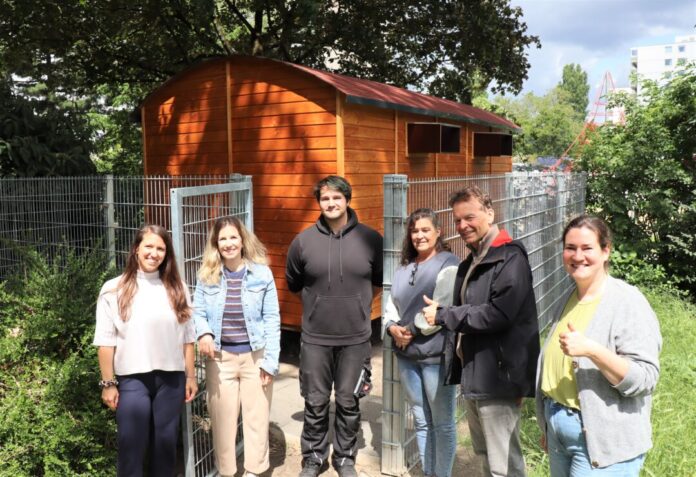 Freuen sich über das neue Taubenhaus in Ratingen-West (von links nach rechts): Nathalie Burzan, Jennifer Nöhles (beide LEG, Bereich Gewerbeimmobilienmanagement), Marius Kehren, Melanie Gordon (beide Tierschutzverein Düsseldorf), Umweltdezernent Bert Wagener und Julia Federer, Abteilungsleiterin Natur-, Klima- und Umweltschutz. Foto: Stadt Ratingen Freuen sich über das neue Taubenhaus in Ratingen-West (von links nach rechts): Nathalie Burzan, Jennifer Nöhles (beide LEG, Bereich Gewerbeimmobilienmanagement), Marius Kehren, Melanie Gordon (beide Tierschutzverein Düsseldorf), Umweltdezernent Bert Wagener und Julia Federer, Abteilungsleiterin Natur-, Klima- und Umweltschutz. Foto: Stadt Ratingen