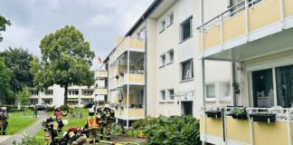 Haaner Feuerwehr rettet Hund aus Brandwohnung Zwei Trupps gingen unmittelbar nach dem Eintreffen in das Gebäude zur Brandbekämpfung vor. Foto: FW Haan