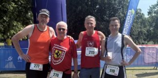 TuS-Breitscheid-Läufer trotzen der Wärme beim Ratinger Seeuferlauf Sie gingen für den TuS Breitscheid an die Startlinie: Achim Wischtukat, Gerd Wesemann, Meinolf Runte und Michael Kaiser. Foto: TuS Breitscheid