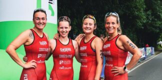 Triathlon: Ratingens Bundesliga-Damen feiern Auftakt in Itzehoe Joana Wolff, Paula Richter, Séraphine Ragot und Michelle Alferink. Foto: TTR 08
