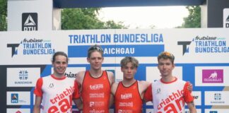 Bundesligastart der Triathleten: „Ich bin megastolz auf die Athleten“ Erfolgreicher Start: Jonas Hauser, Morten Schmidt, Karol Armula und Leon Vollstedt. Foto: TTR 08