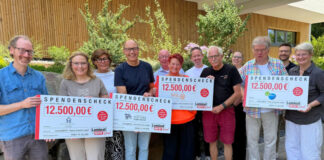 Velbert: 50.000 Euro für karitative Projekte in der Region Strahlende Gesichter bei der Scheckübergabe: Marco Montenbruck (LaminatDEPOT), Wiebke Förster (Hilfe für Kinder e.V.), Brigitte Schaffart (Geschäftsführung LaminatDEPOT), Jörg Liebig (Netzwerk e.V. – Förderverein für die Stiftung Mary Ward), Frank Peter (Geschäftsführung LaminatDEPOT), Tanja Högström (Tafel Niederberg), Kevin Peter (Geschäftsführung LaminatDEPOT), Peter Böhme (Tafel Niederberg), Frauke Vorderwülbecke (LaminatDEPOT), Wolfgang Tamm (Hospizverein Niederberg), Thomas Janke (LaminatDEPOT), Regina Schnetzer (Hospizverein Niederberg). Foto: Laminatdepot