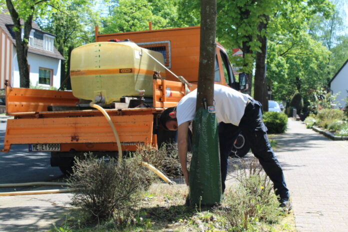 Gießpatenschaft Aufgrund der zunehmenden Trockenheit sind die städtischen Gärtnerinnen und Gärtner über den Sommer regelmäßig mit mobilen Wassertanks in Alt-Erkrath, Hochdahl und Unterfeldhaus unterwegs, um insbesondere junge Stadtbäume zu bewässern. Foto: Stadt Erkrath
