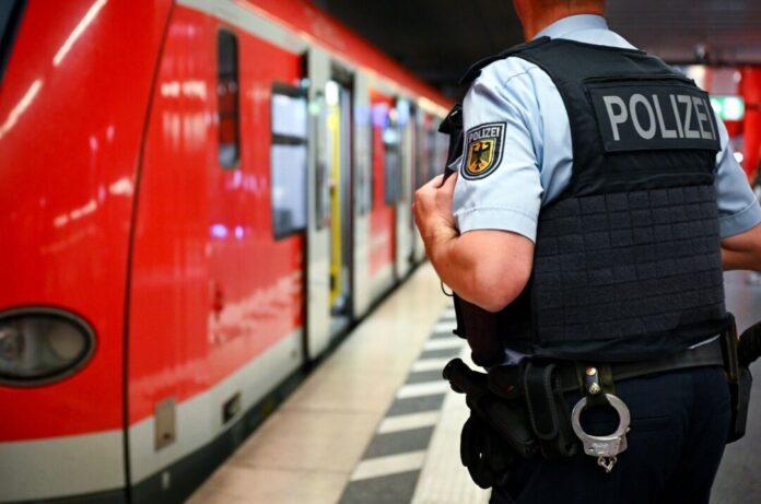 Bundespolizei am Bahnhof Ein Bundespolizist steht am Hauptbahnhof an einer S-Bahn. (Symbolbild)