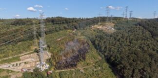 Waldbrand in Iserlohn – Feuerwehr rettet Leitungsmonteure Einsatzwagen der Feuerwehr stehen an einem brennendem Waldstück unter Hochspannungsleitungen.