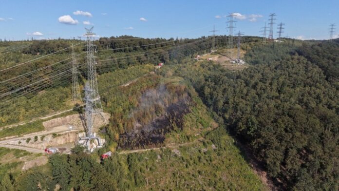 Waldbrand nah einer Hochspannungsleitung im Sauerland Einsatzwagen der Feuerwehr stehen an einem brennendem Waldstück unter Hochspannungsleitungen.