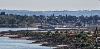 Historischer Tiefstand am Rheinpegel in Köln befürchtet Schiffe fahren bei Niedrigwasser auf dem Rhein.
