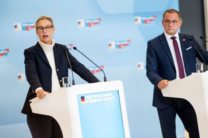 AfD-Chefs Alice Weidel und Tino Chrupalla (Archivbild) Weidel und Chrupalla warnen wegen des Streits bei der Kandidatenaufstellung vor der Möglichkeit, dass die AfD-Liste nicht zur Landtagswahl zugelassen werden könnte. (Archivbild)