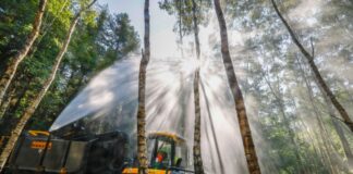 Spezialfahrzeuge bei Waldbränden in NRW im Einsatz Das Speziallöschfahrzeug "Fire Fighter" des Landes Nordrhein-Westfalen fährt bei einer Übung durch schwieriges Gelände im Wald. (Archivbild)