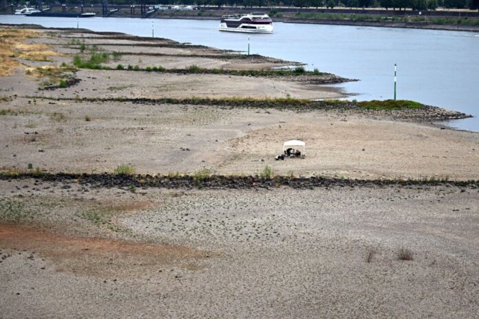 Niedrigwasser im Rhein Ein Schiff fährt bei niedrigem Wasserstand auf dem Rhein an trocken gefallenen Buhnen vorbei. (Archivbild)