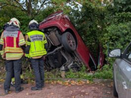Wülfrath: Autofahrerin setzt Wagen in die Böschung Der Wagen landete im Grün. Foto: FW Wülfrath